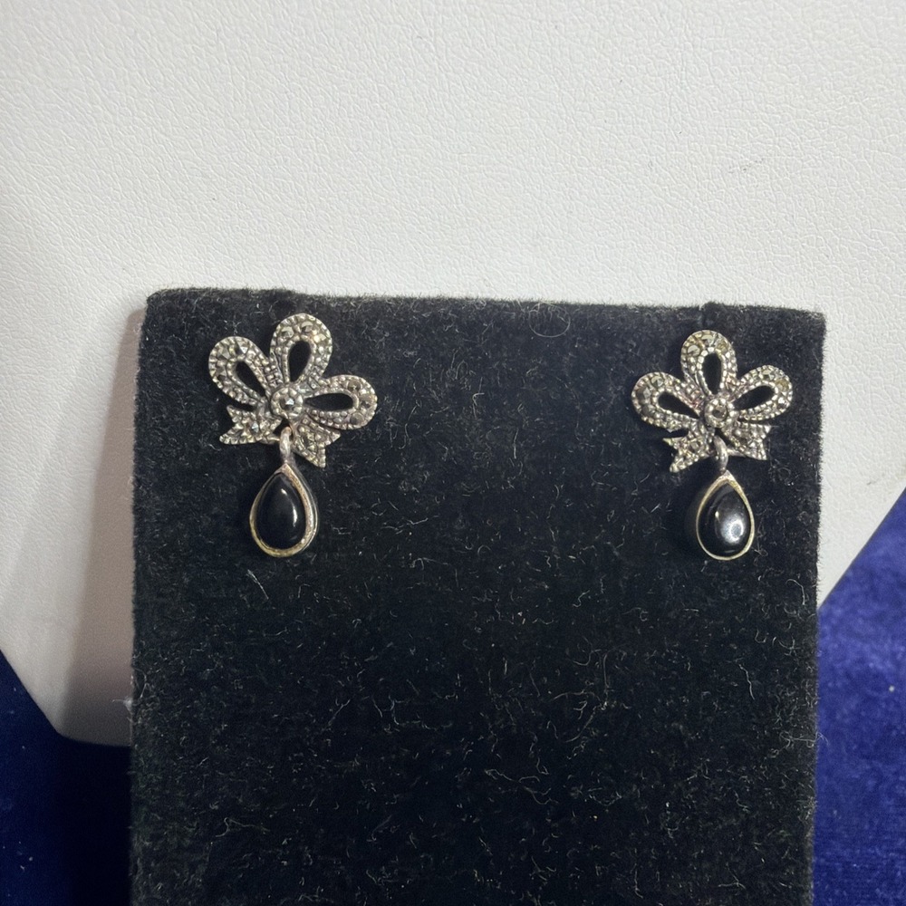 Marcasite Bow w Onyx Set in Silver Drop Post Earrings